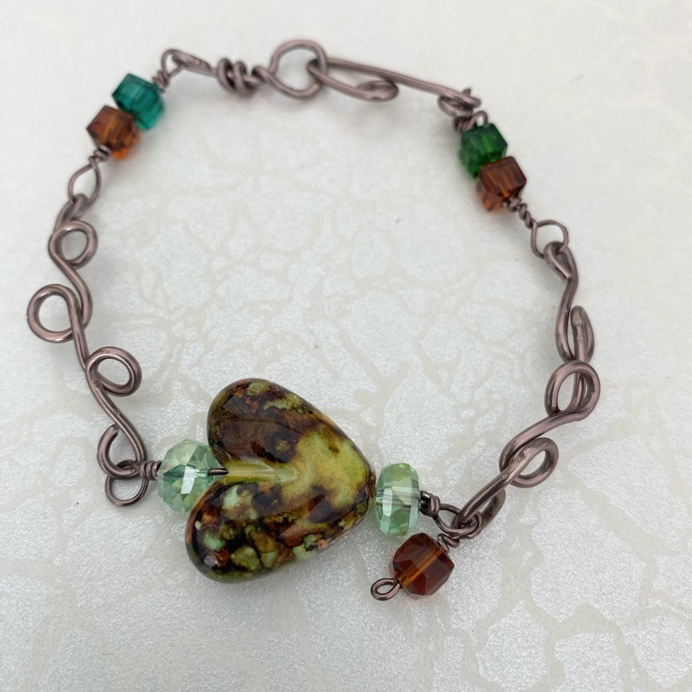 Handcrafted Green and Brown Heart Bracelet Artisan Wire and Glass Beads